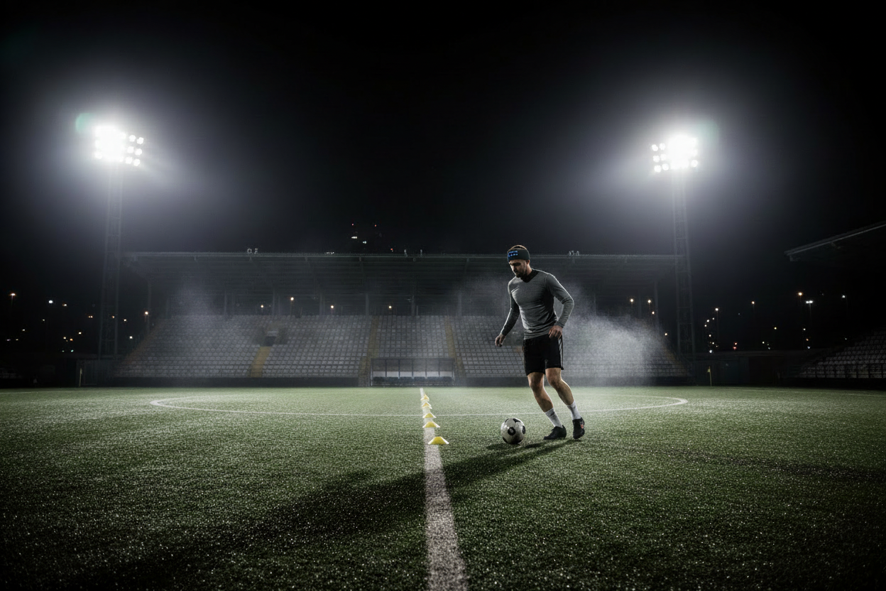 Soccer player training at night with Luma Band